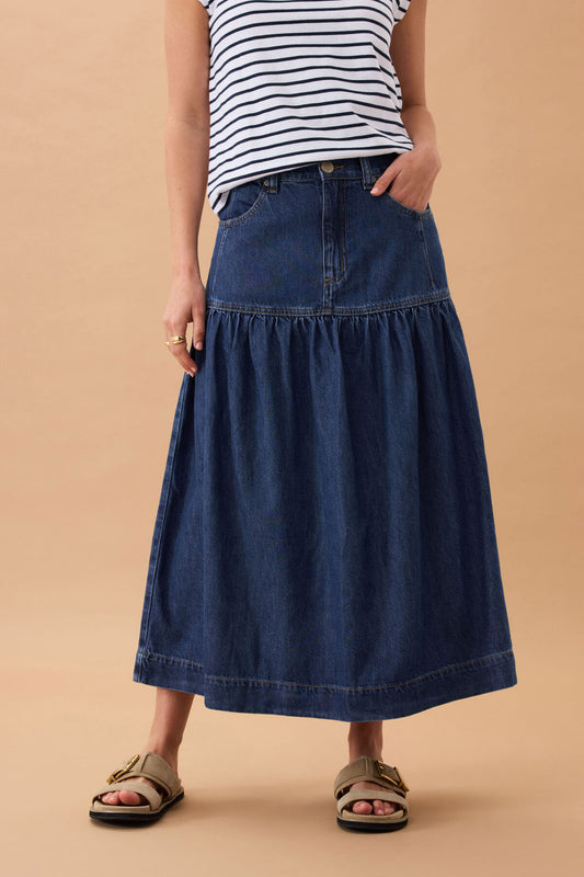 Drop Waist Denim Midi Skirt