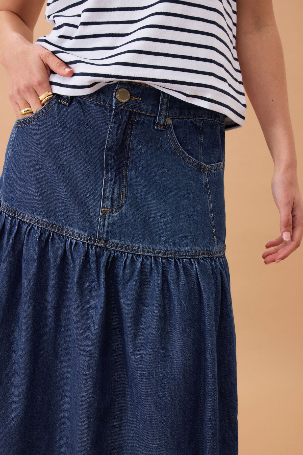 Drop Waist Denim Midi Skirt
