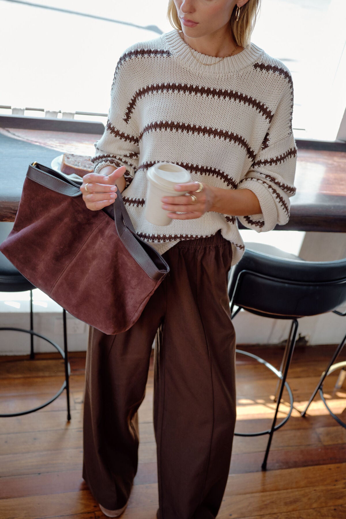 Lila Oversized Knit Crew in Ecru Stripe