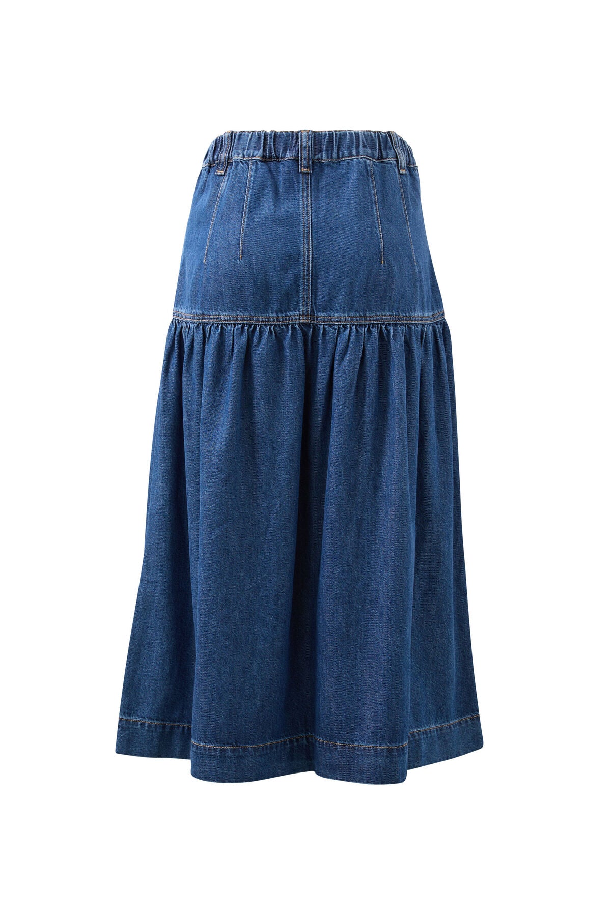 Drop Waist Denim Midi Skirt