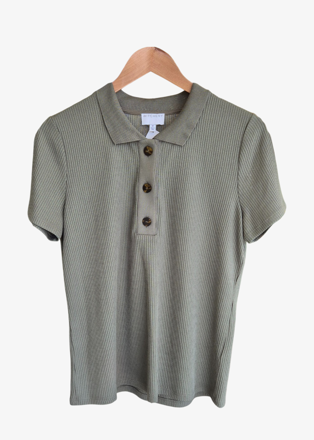Witchery Light Khaki Ribbed Polo Shirt - preloved