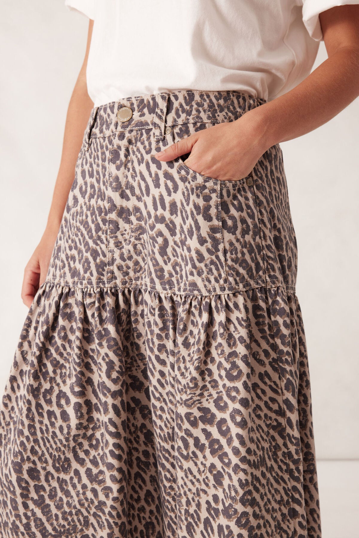 Drop Waist Denim Skirt in Leopard