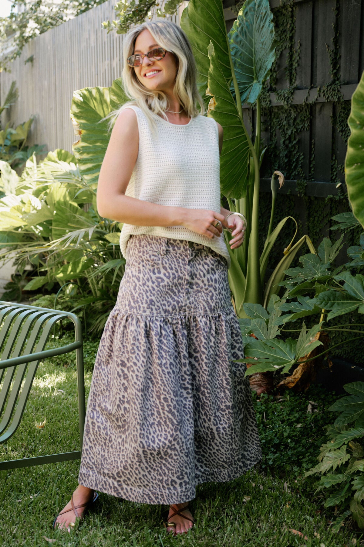 Drop Waist Denim Skirt in Leopard