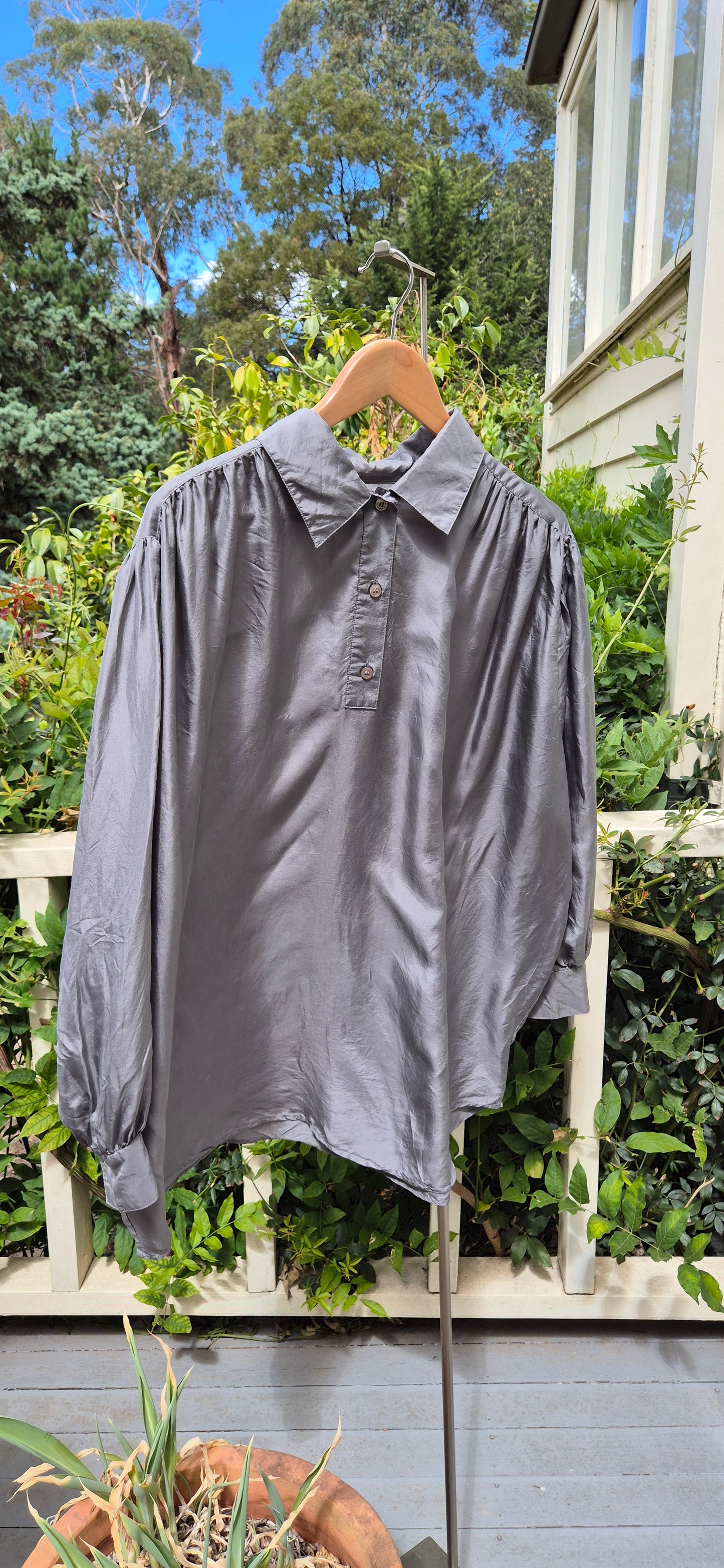 Silk Silver-Grey Gathered Blouse - preloved