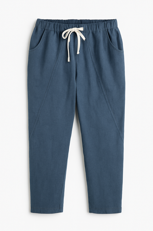 Casual French Blue Linen Drawstring Pants