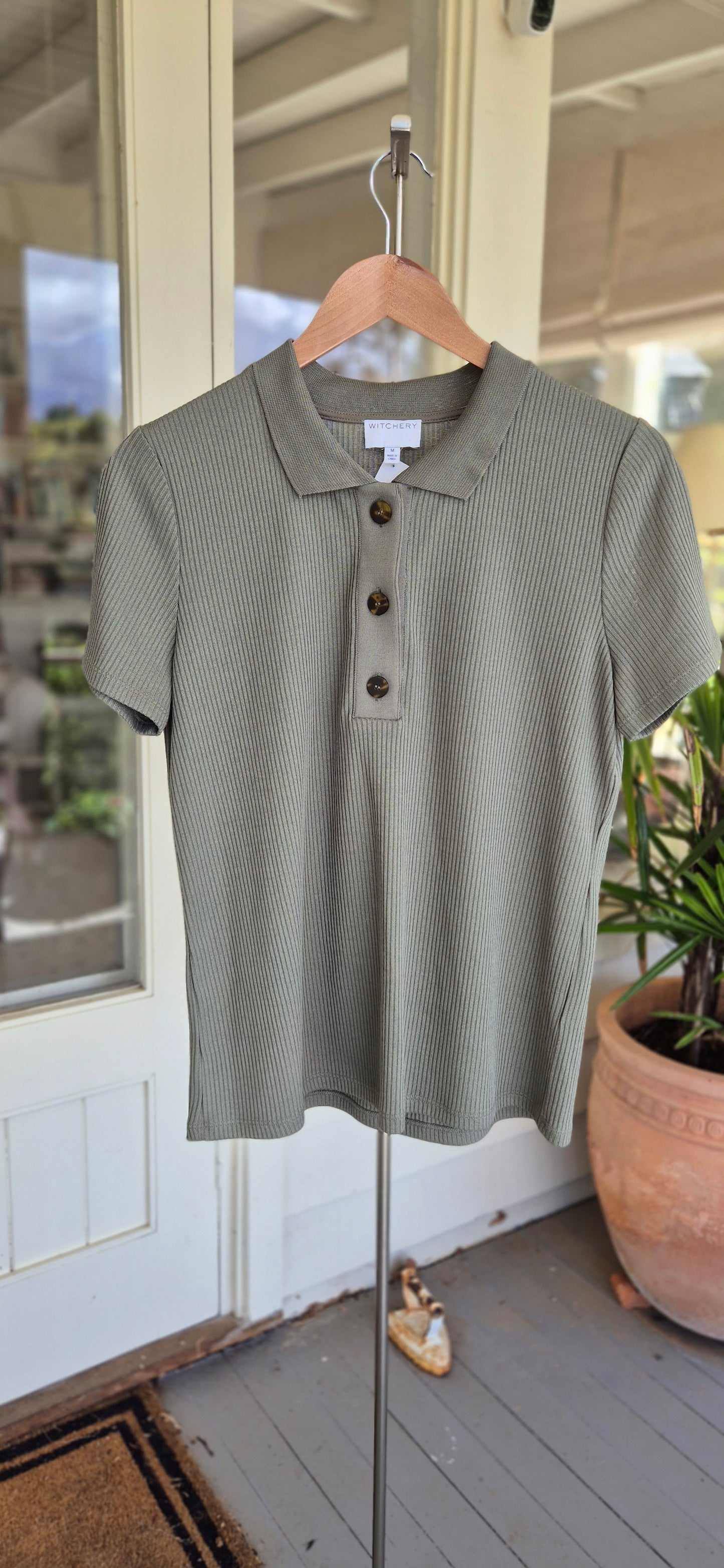 Witchery Light Khaki Ribbed Polo Shirt - preloved