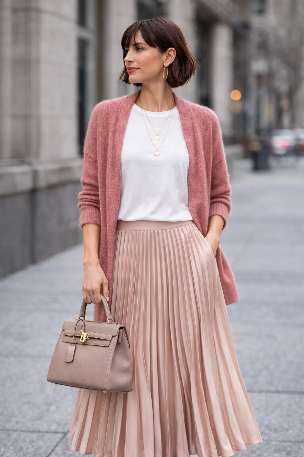 Satin Pleat Maxi Skirt in Dusty Pink