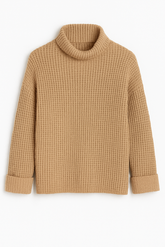 Camel Waffle Knit Roll Neck Jumper