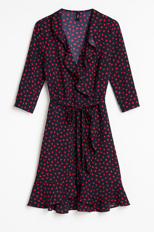 Red & Navy Polka Mini Wrap Dress