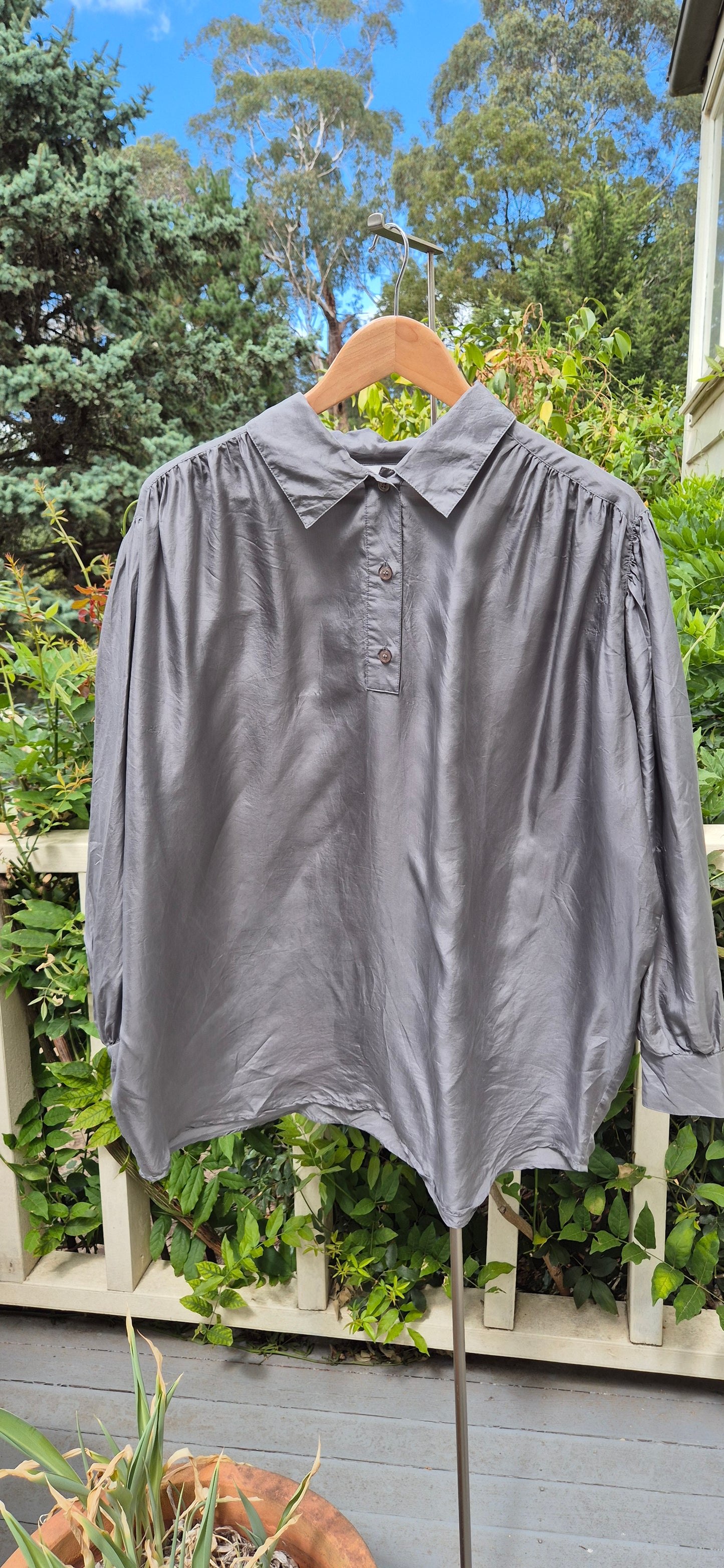 Silk Silver-Grey Gathered Blouse - preloved