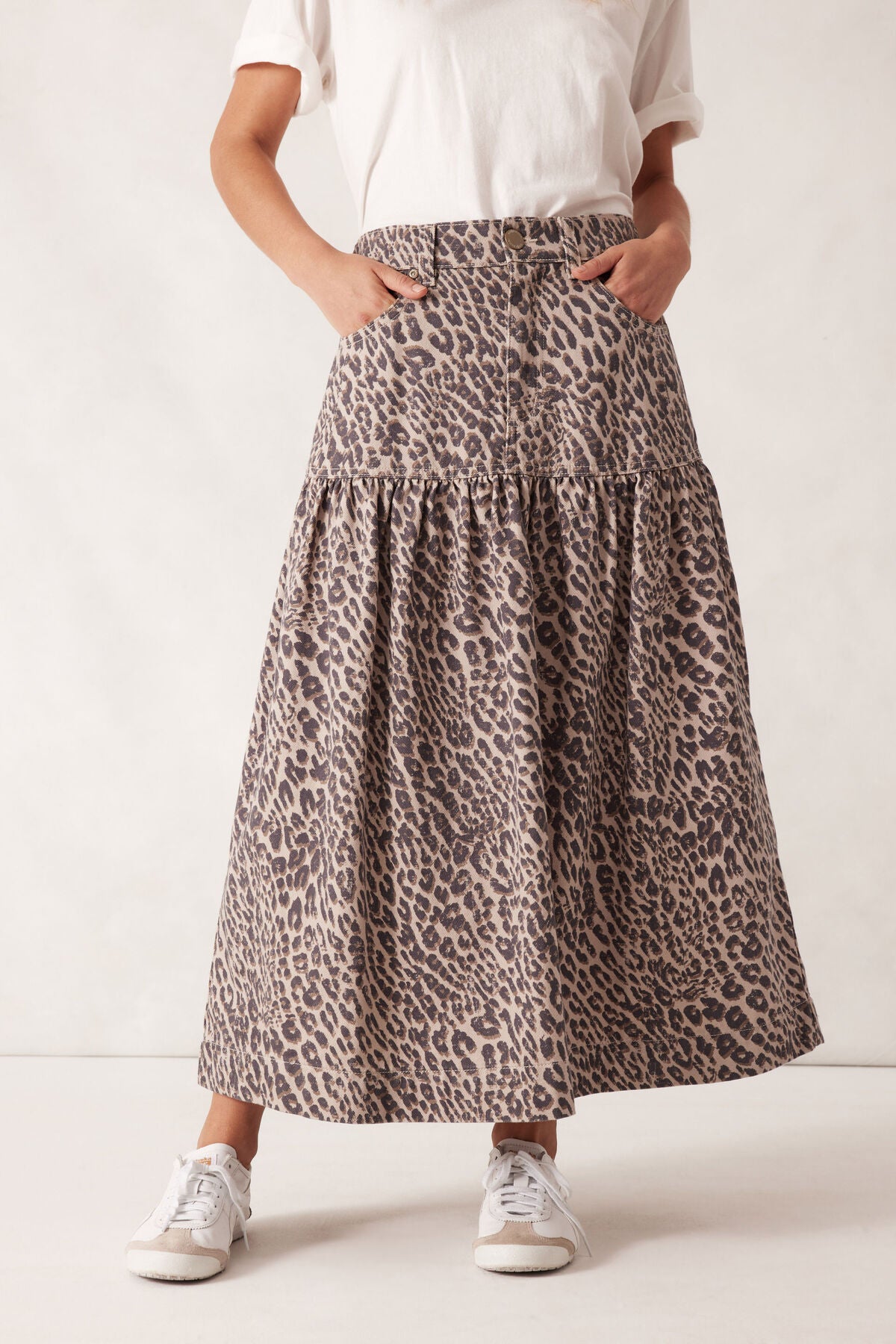 Drop Waist Denim Skirt in Leopard