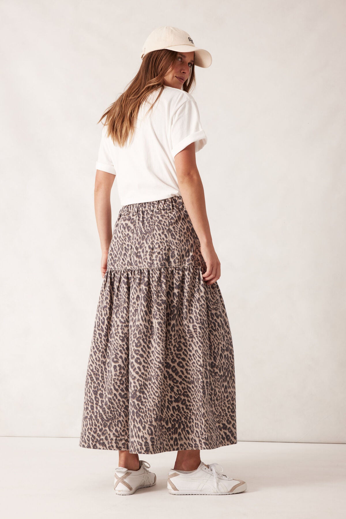 Drop Waist Denim Skirt in Leopard