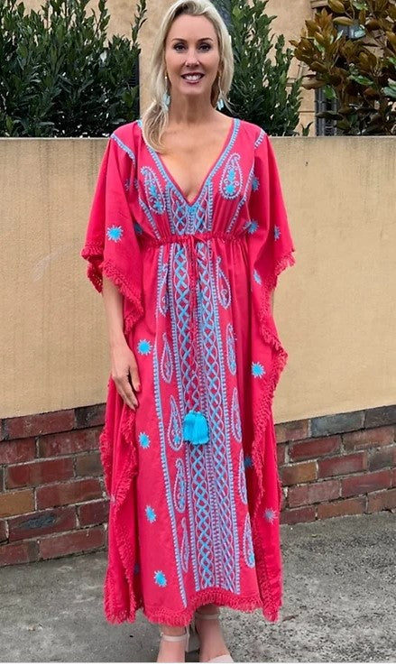Juliette Dress in French Red & Turquoise