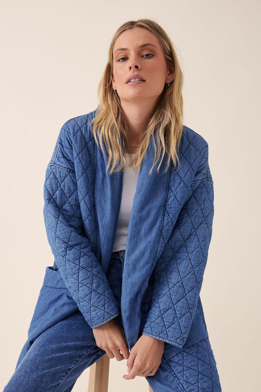 Longline Quilted Jacket in Chambray