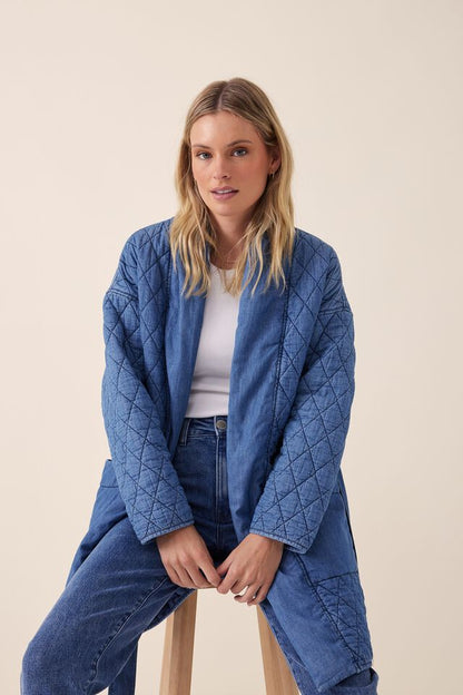 Longline Quilted Jacket in Chambray