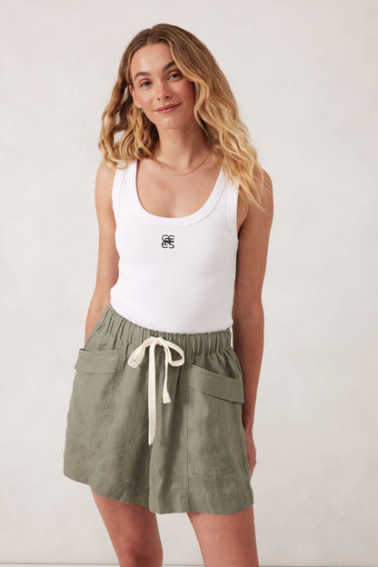 Panelled Linen Short in Khaki