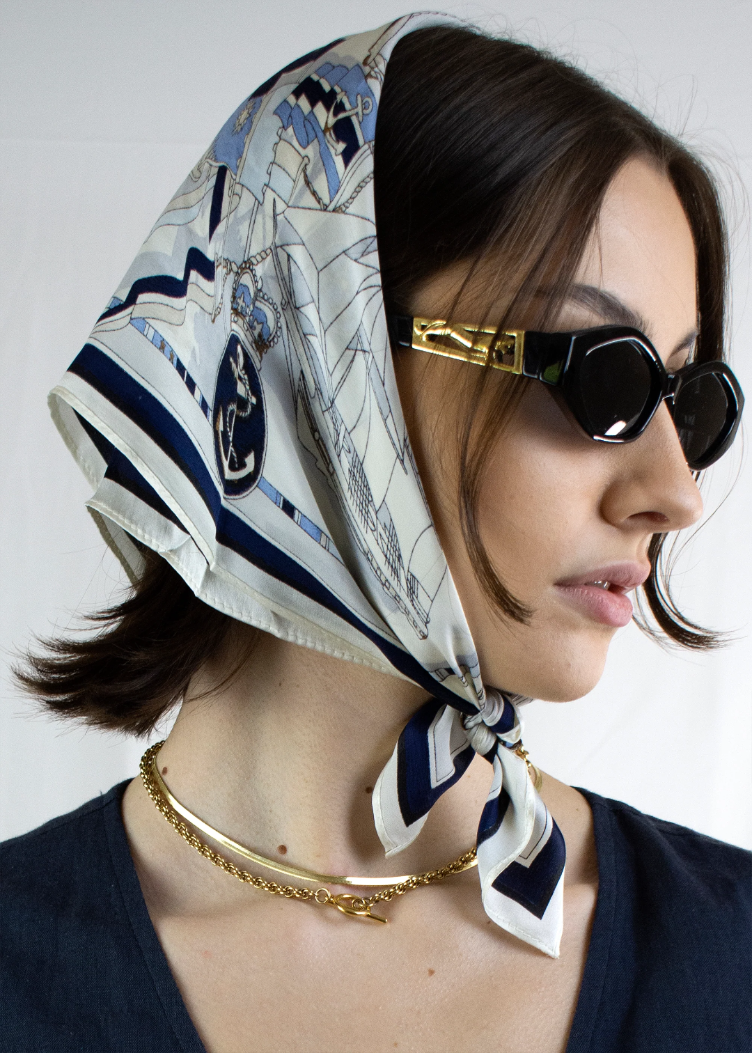 Cecile Silk Scarf in Navy Print