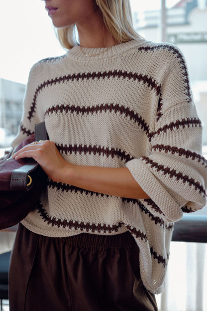 Lila Oversized Knit Crew in Ecru Stripe