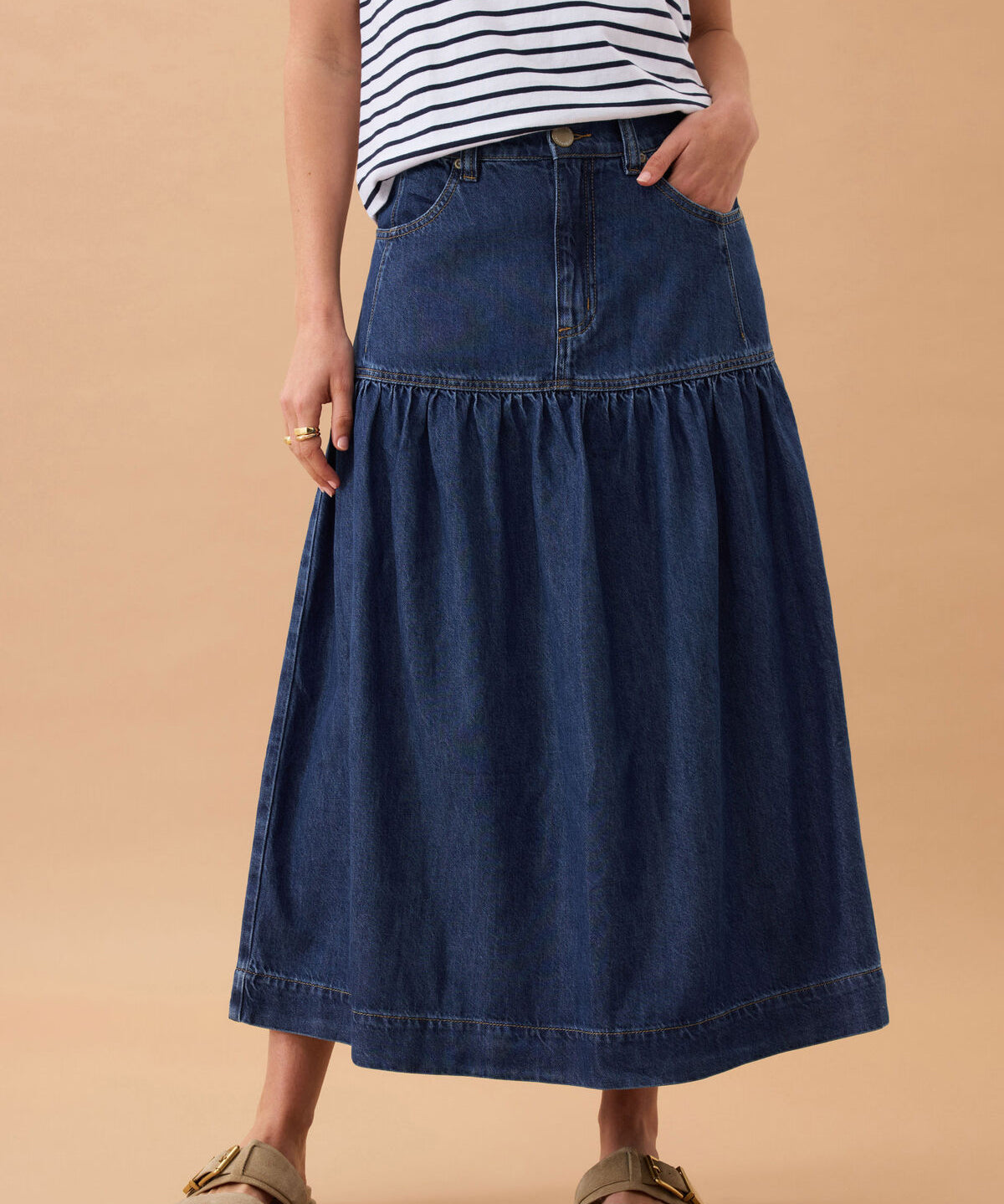 Drop Waist Denim Midi Skirt