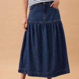 Drop Waist Denim Midi Skirt