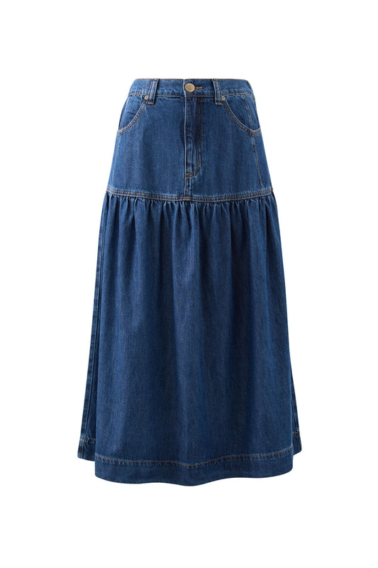 Drop Waist Denim Midi Skirt