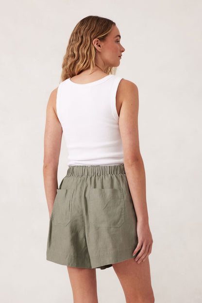 Panelled Linen Short in Khaki