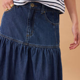 Drop Waist Denim Midi Skirt