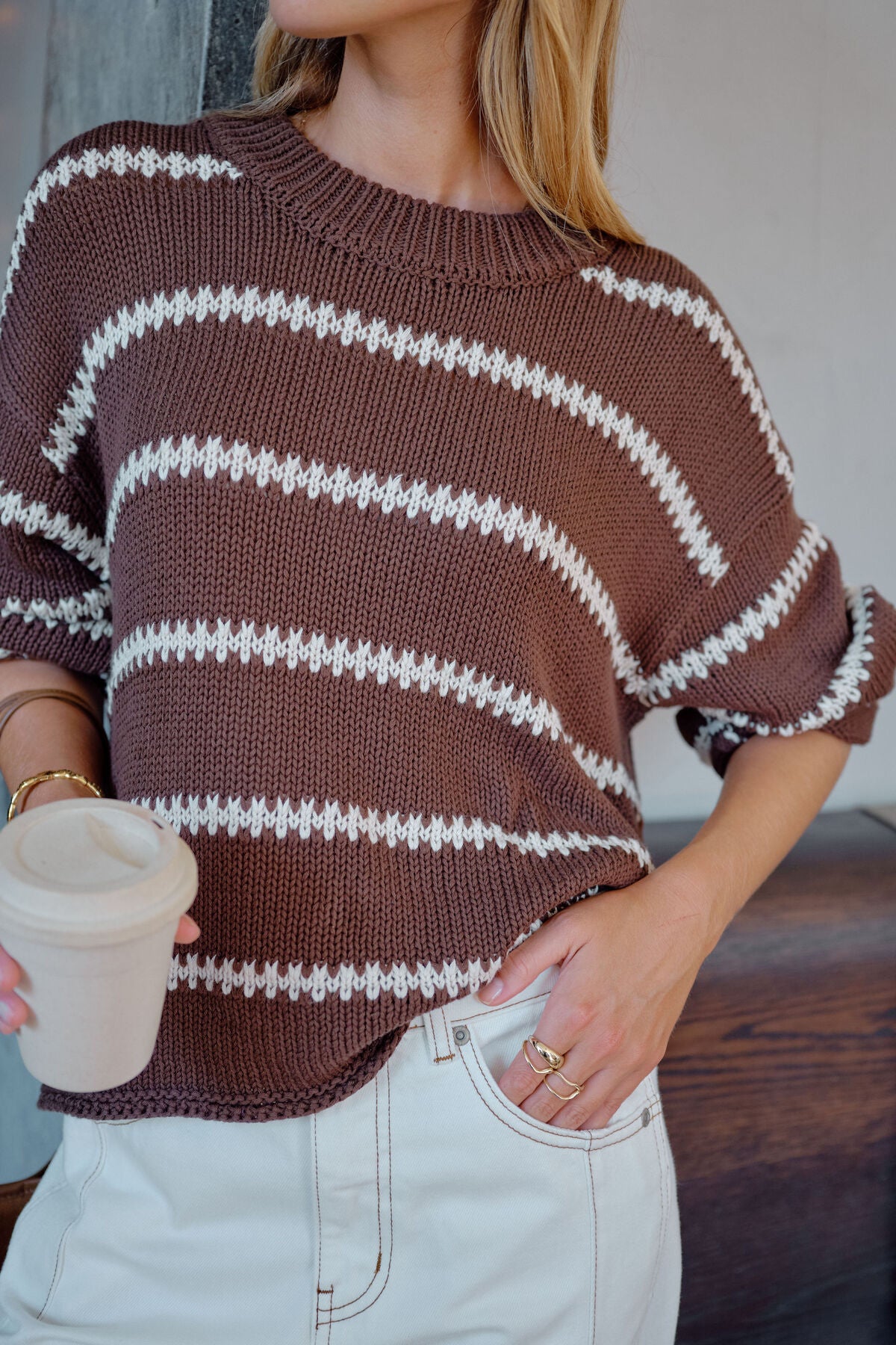 Lila Oversized Knit Crew in Brown Stripe
