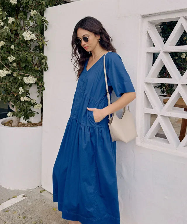 Tiered Poplin Dress in Fresh Cobalt