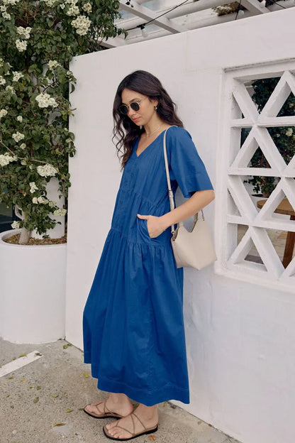 Tiered Poplin Dress in Fresh Cobalt