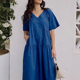 Tiered Poplin Dress in Fresh Cobalt