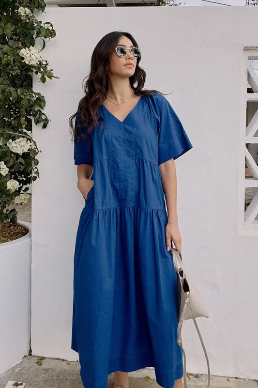 Tiered Poplin Dress in Fresh Cobalt