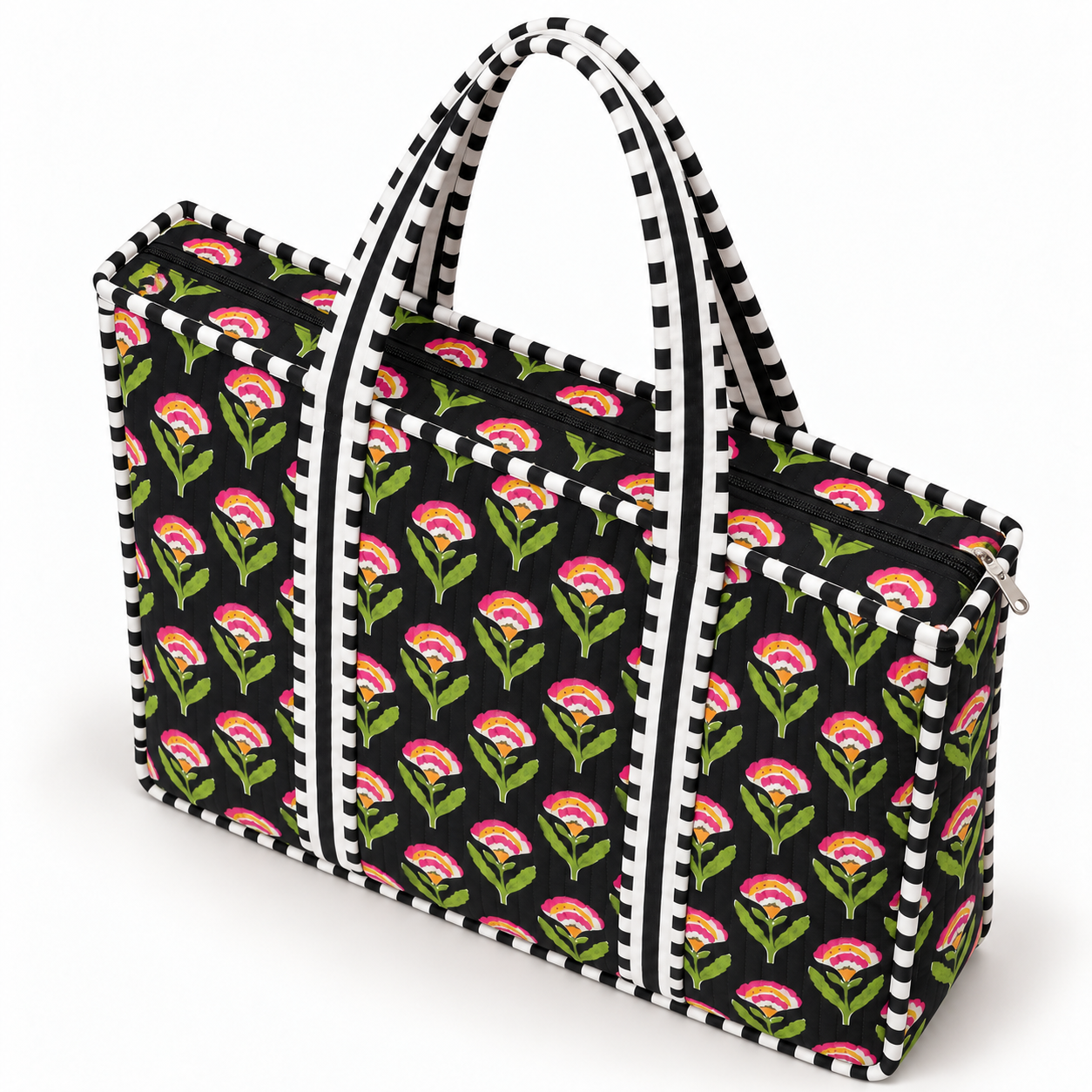 Quilted Cotton Shopper - Black Petite Floral