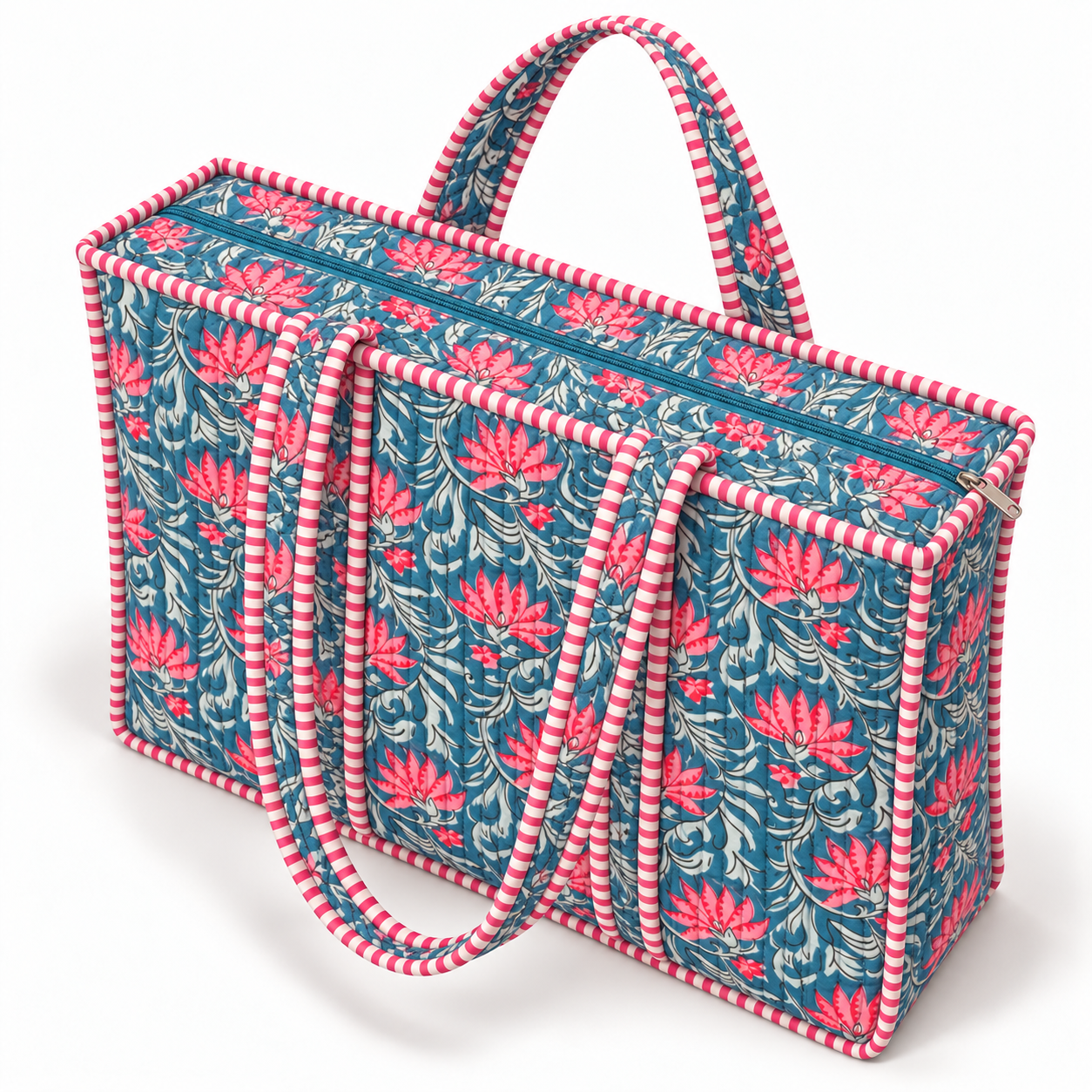 Quilted Cotton Shopper - Blue & Pink Lotus