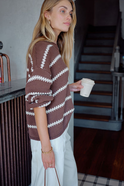 Lila Oversized Knit Crew in Brown Stripe