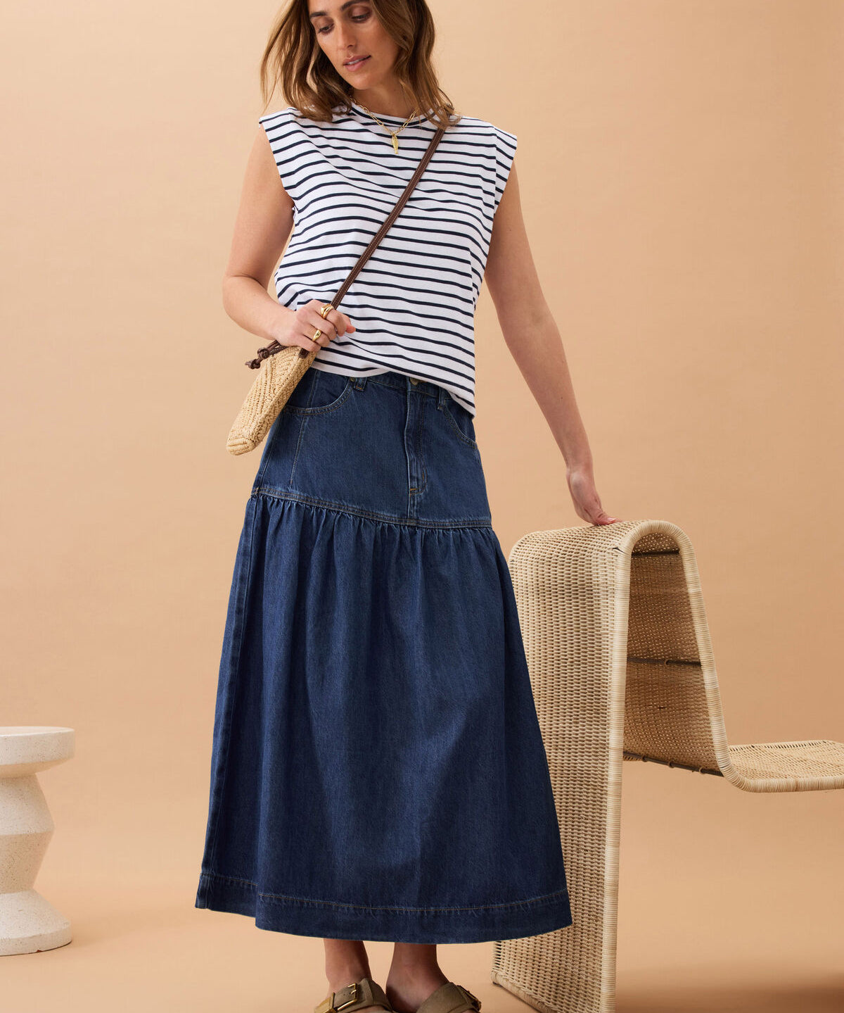 Drop Waist Denim Midi Skirt