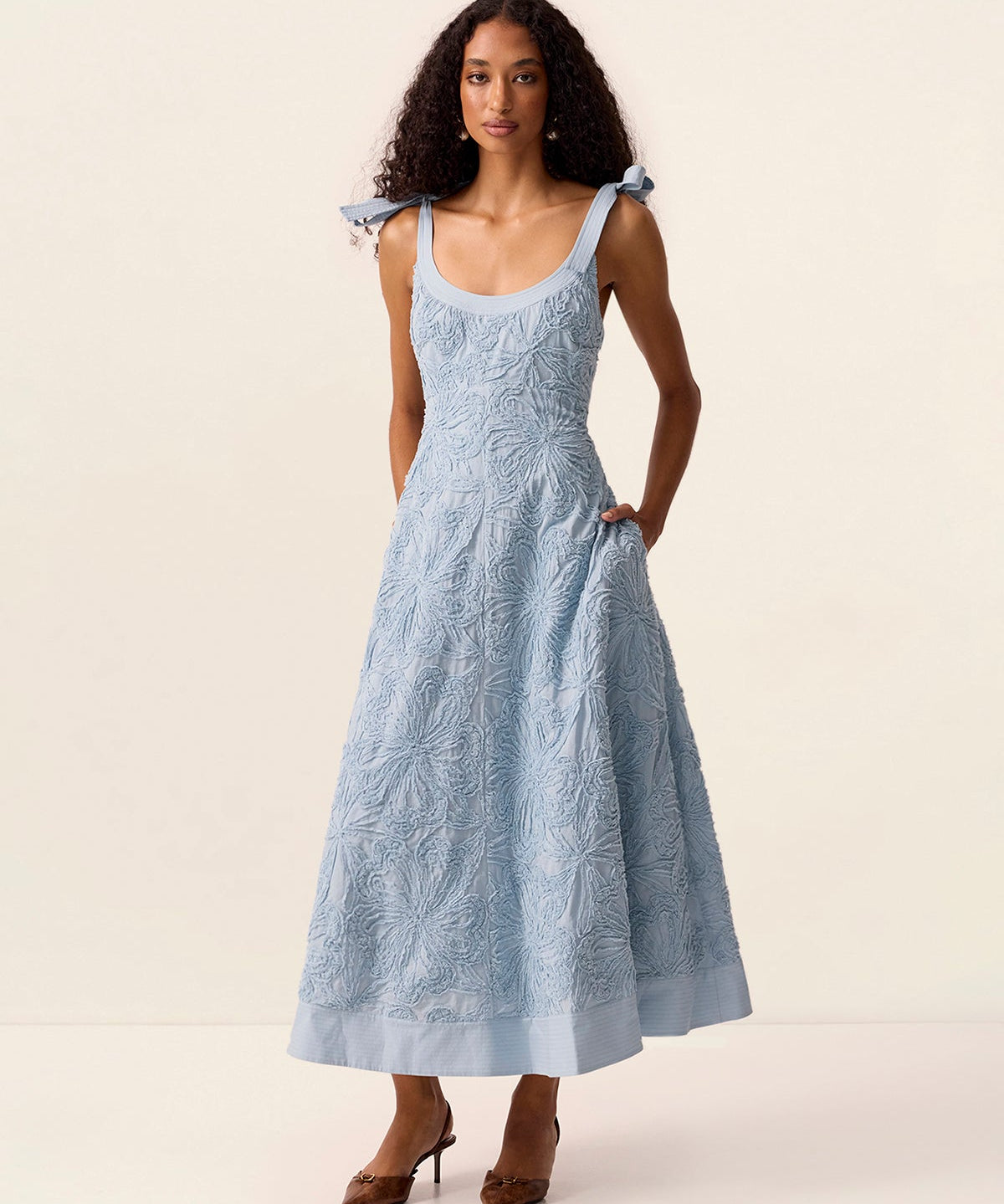Blossom Strappy Midi Dress in Wave – front model view