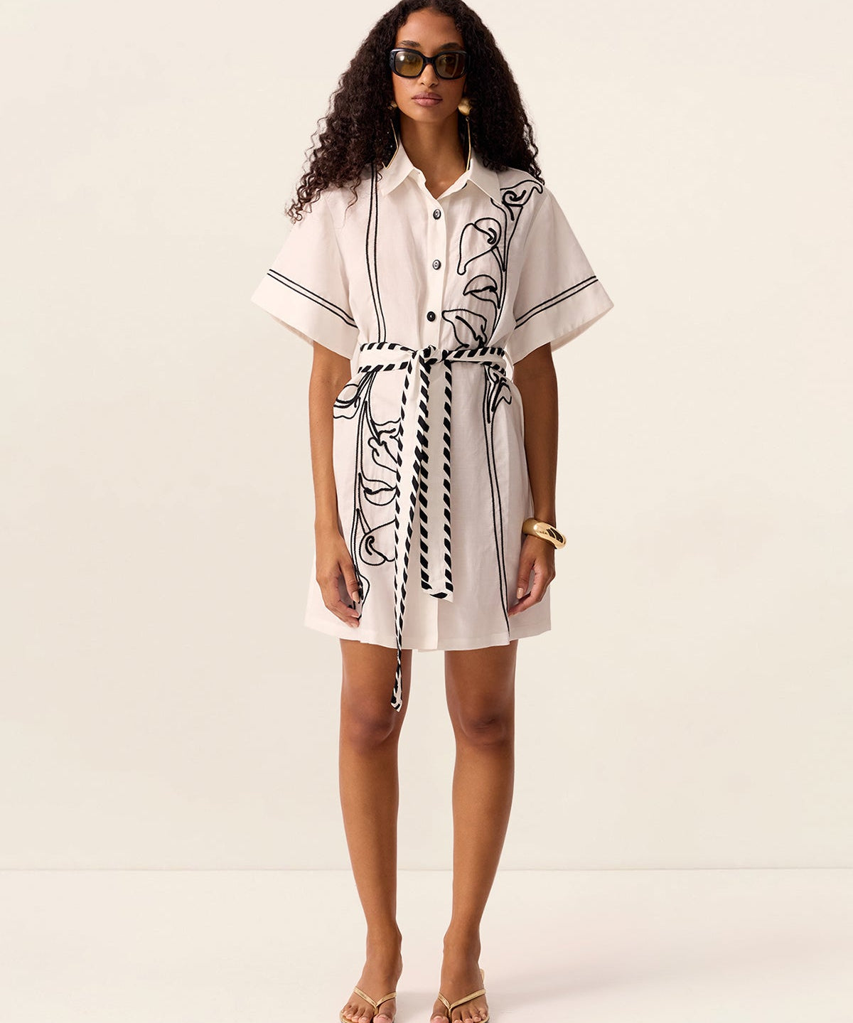 Lily Embroidery Mini Dress in Ivory – front model view
