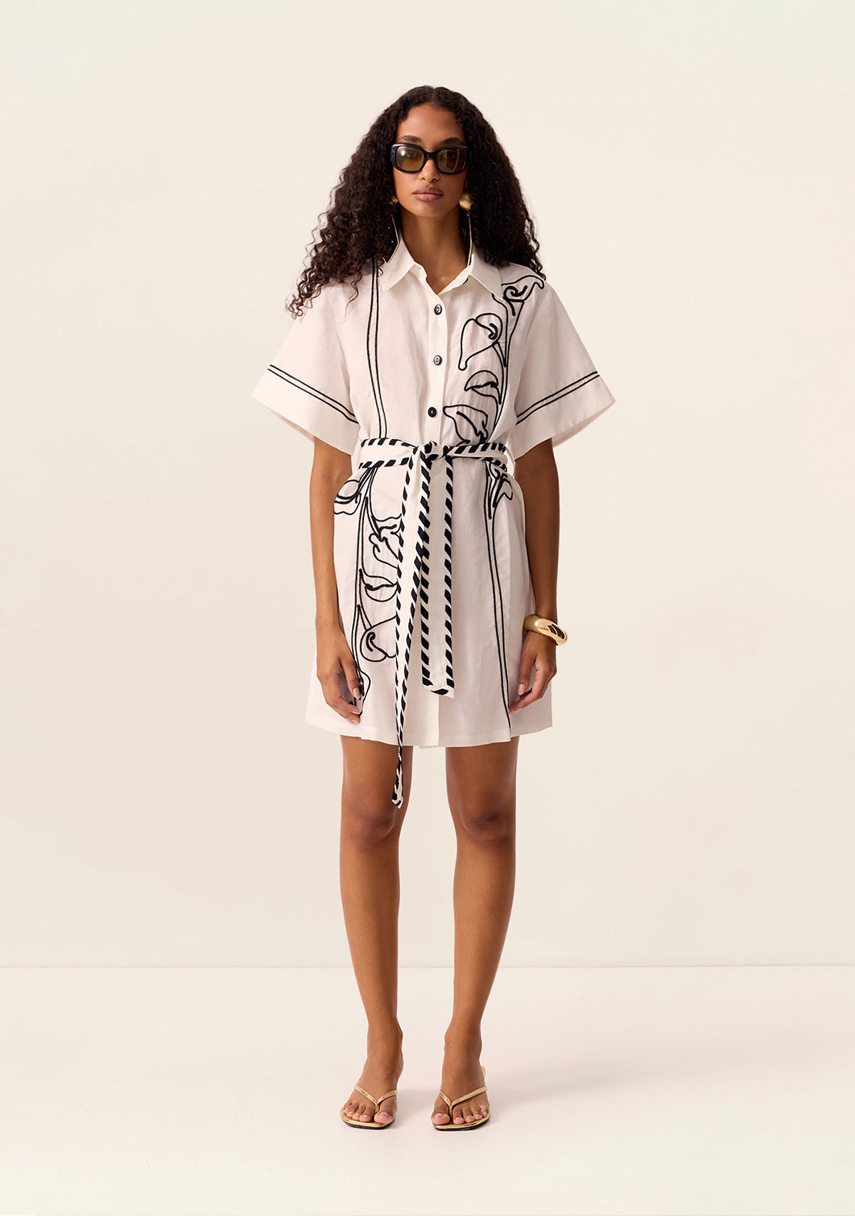 Lily Embroidery Mini Dress in Ivory – front model view