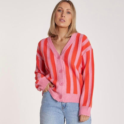 Pink & Orange Striped Knit Cardigan - preloved