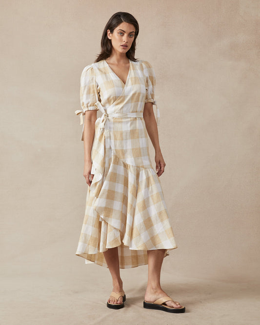 Stevie Wrap Dress in Yellow Check