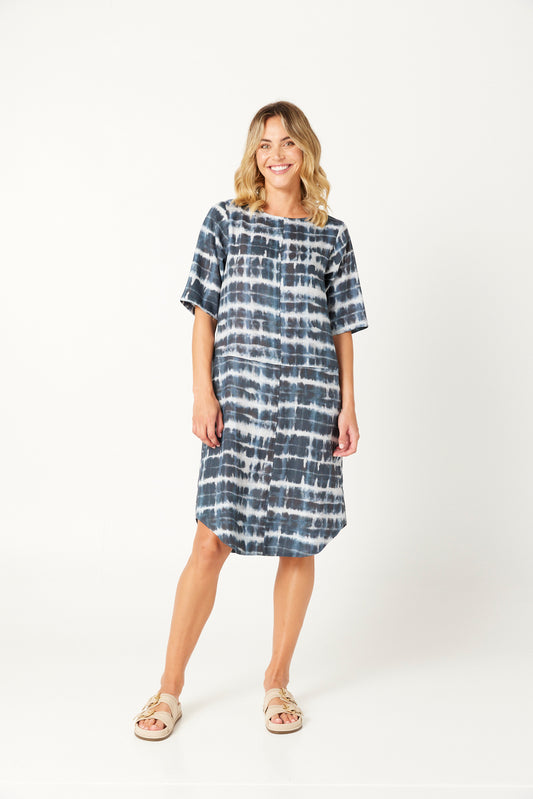 Shibori Dress in Indigo Print