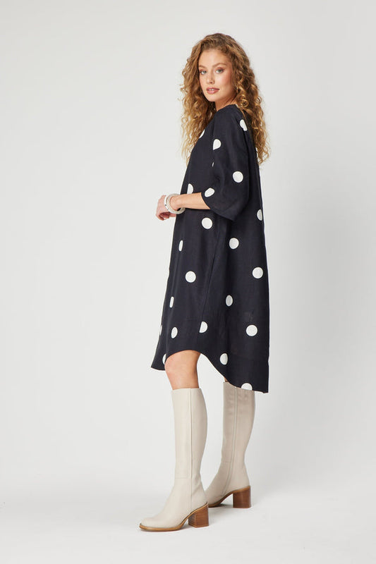 Rodeo Dress in.Navy & White Spots