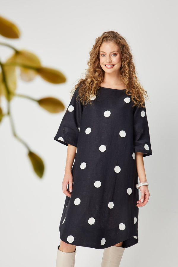 Rodeo Dress in.Navy & White Spots