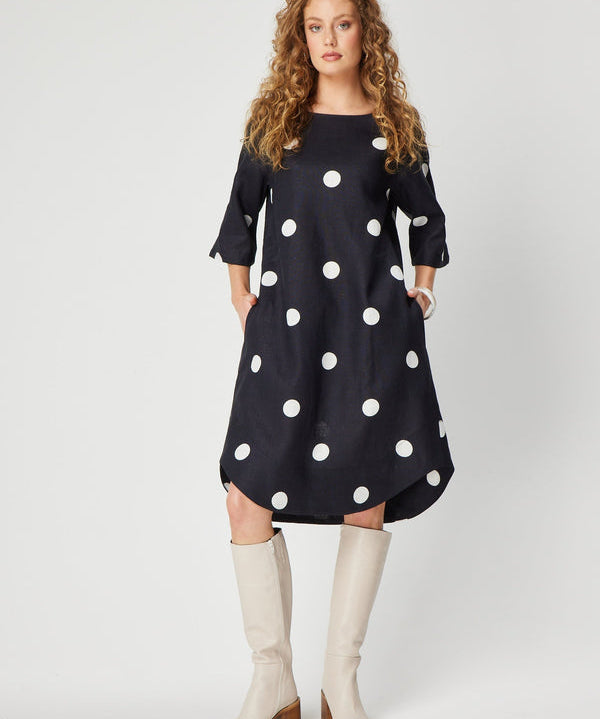 Rodeo Dress in Navy White Spot