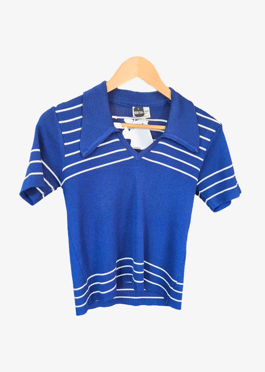 Vintage Blue Striped Knit Polo Top - preloved