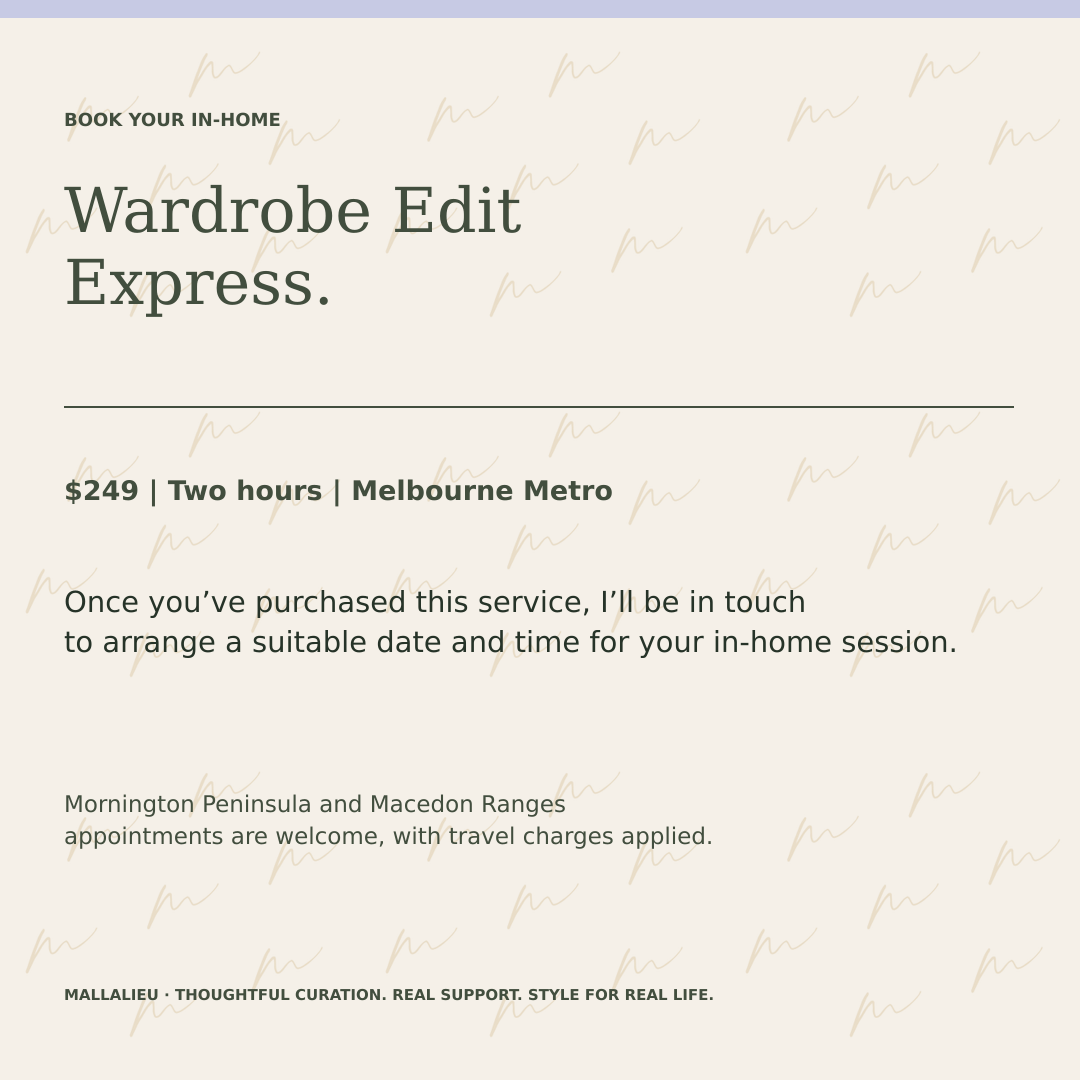 A text-based promotional card for a 'Wardrobe Edit Express' service, offering a $249 two-hour Melbourne Metro session. The card has a warm cream background with a light purple header band and dark green text.