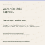 A text-based promotional card for a 'Wardrobe Edit Express' service, offering a $249 two-hour Melbourne Metro session. The card has a warm cream background with a light purple header band and dark green text.
