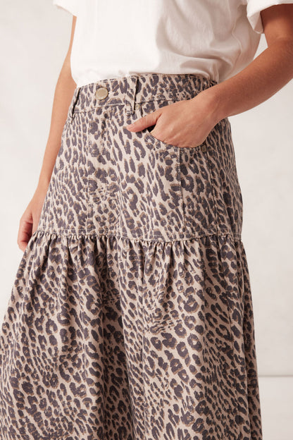 Drop Waist Denim Skirt in Leopard