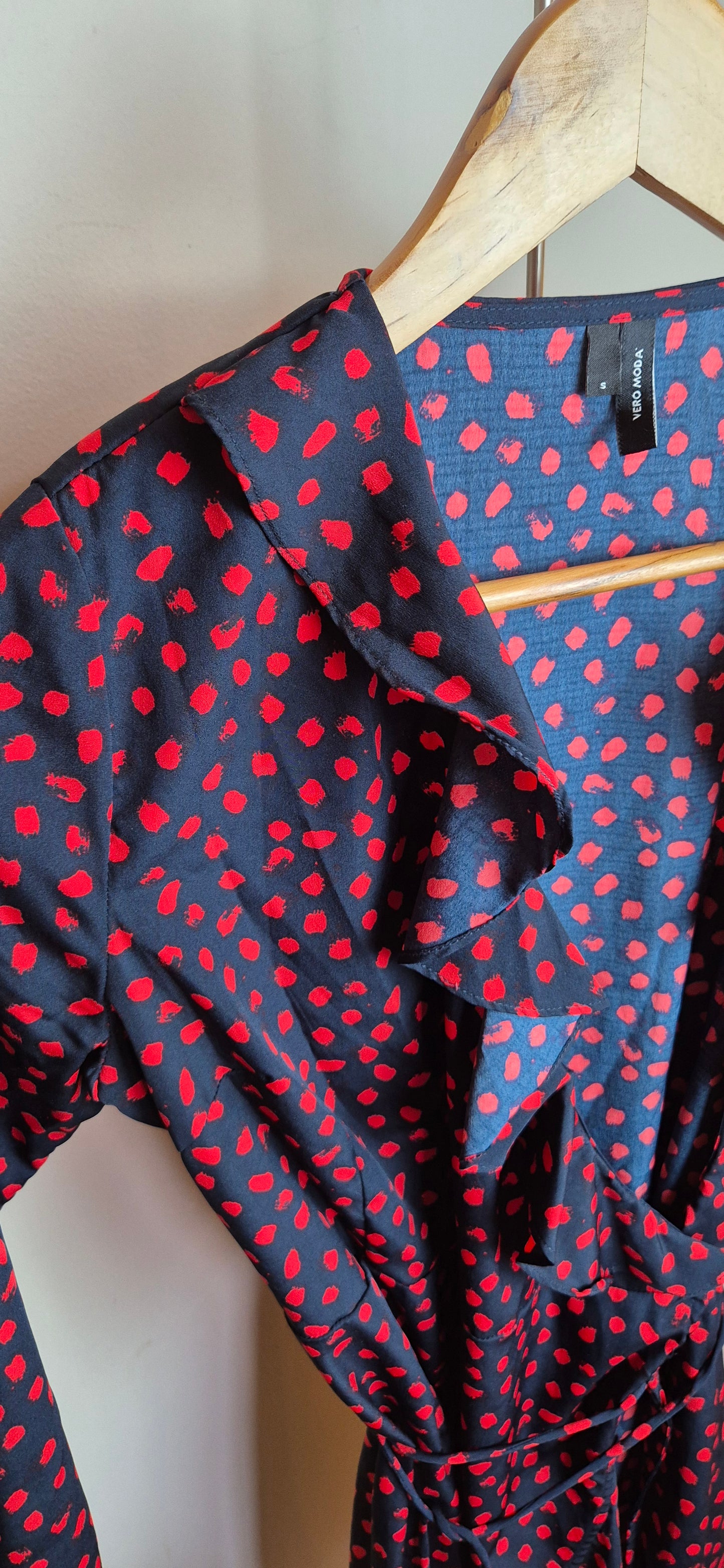 Red & Navy Polka Mini Wrap Dress